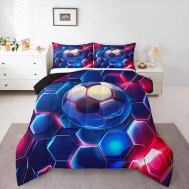 Imagem de Feelyou Conjunto de edredom de futebol, tamanho solteiro, para crianças, meninos, meninas, colmeia geométrica, vermelho, azul, decoração de quarto de microfibra, 2 peças com 1 fronha