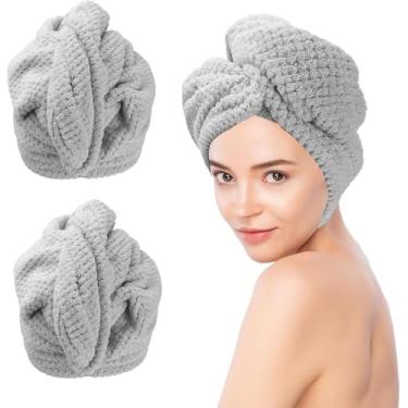 Imagem de Envoltório de toalha de cabelo de microfibra para mulheres, pacote com 2 toalhas de cabelo grisalho, toalhas de cabelo para mulheres, super absorvente, secagem rápida, toalha de secagem de cabelo