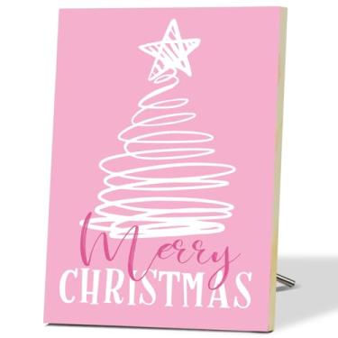 Imagem de Sinais de árvore de Natal Feliz Natal para decoração de parede de festival decoração de mesa de madeira rosa para mesa manto prateleira arte de parede para festa de Natal placas de madeira para