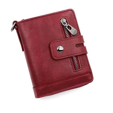 Imagem de Carteira masculina com zíper, carteira retrô dobrável multifuncional de couro sintético com bolso para moedas, porta-cartão de crédito, 7 compartimentos para cartão, grande capacidade, Vermelho, Retrô