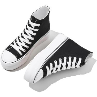 Imagem de FINIWOR Tênis feminino com plataforma de cano alto, clássico, preto e branco, de lona, cadarço e cano alto, Preto, 37