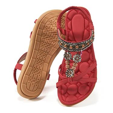 Imagem de Sandálias femininas elegantes de verão: sapatos rasos confortáveis boêmios com tira elástica no tornozelo sandálias de caminhada na praia para mulheres, Vermelho 01, 37