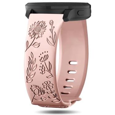 Imagem de Inhosper Pulseiras com gravação floral de 20 mm compatíveis com Garmin Vivoactive 6/5/3/Venu/Venu Sq/Venu 2 Plus/Forerunner 165/55/245/645, pulseira de relógio de silicone macio, estampa floral