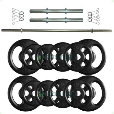 Imagem de Kit Fitness 40 Kg de Anilhas Ferro + Barras Maciças Zincada com Presilhas-Unissex