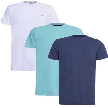 Imagem de Kit 3 Camisetas Básicas Masculina Premium no Estilo Tommy Bordado França Branco Bebe Azul Mes-Masculino