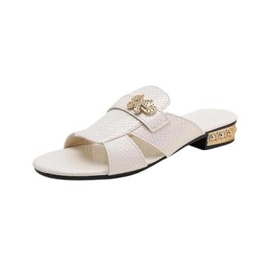 Imagem de Sandálias femininas de salto baixo com aberturas casuais plus size elegantes versáteis slides primavera verão moda PU, Branco, 36