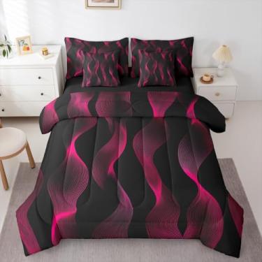 Imagem de Erosebridal Jogo de cama Queen listrado rosa e preto com 7 peças, geométrico, ombré, para quarto de adolescentes e adultos, moderno, gradiente, linhas curvas, conjunto de lençol com edredom