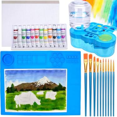 Imagem de Estação de pintura, limpador de pincel, tapete de pintura de silicone de 50 x 40 cm, tinta acrílica de 12 cores, 10 pincéis e 10 kits de materiais de pintura de papel texturizado para artistas