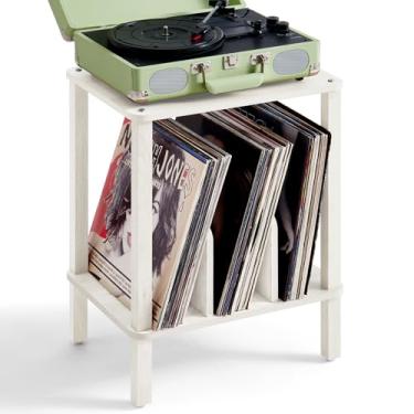 Imagem de LELELINKY Suporte para toca-discos de 2 camadas com armazenamento de discos de vinil de até 100 álbuns, porta-discos de quarto e mesa de canto multifuncional para sala de estar, cinza e branco