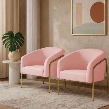 Imagem de Poltrona Sala Industrial Alta Dourado Kit 2 Stella Suede Rosa Bebê D03