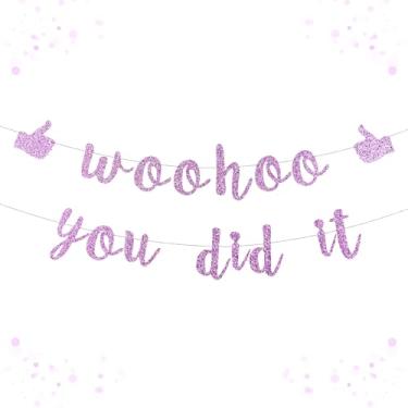 Imagem de Banner pré-amarrado Woohoo You Did It - Placa de felicitações com glitter para decorações de formatura 2026, promoção de trabalho, suprimentos para festa de aposentadoria, sem estamparia grande para