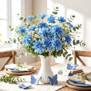 Imagem de Maysing 6 peças de flores artificiais de dália 42 cm, 3 cabeças, dálias falsas grandes com caules, marfim de aparência real para buquês de casamento, decoração de casa para chá de panela, arranjo