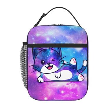 Imagem de WOEMOZAP Lancheira Galaxy Cat para meninas, lancheira infantil com alça removível, lancheira escolar de gato fofo para crianças, viagens e piqueniques