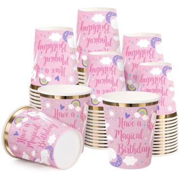 Imagem de WRAPAHOLIC 50 peças de copos de papel de aniversário - copo descartável de folha dourada de 255 g e unicórnio rosa, xícara de café, copos de bebida quente/fria para suco de água, perfeito para casa e