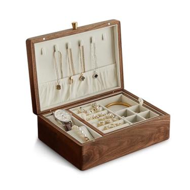 Imagem de Piwah Caixa de joias de madeira maciça de nogueira preta para mulheres, organizador clássico de 2 camadas com bandeja removível para anéis, colares, brincos, pulseira, armazenamento de relógio