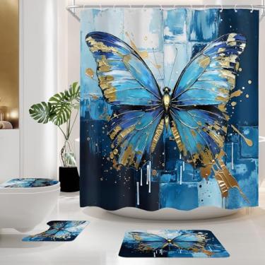 Imagem de Cinbloo Conjunto de 4 peças de cortina de chuveiro borboleta azul marinho, moderna dourada abstrata, pintura a óleo, cortina de banheiro natural com tapete, tampa de vaso sanitário, tapete de banho