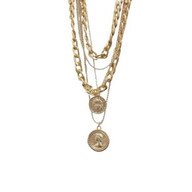 Imagem de DATOA Colar com pingente de moeda em camadas de ouro para mulheres, vintage, corrente grossa, acessórios de fantasia de pirata, Zinco, Sem Pedra Preciosa