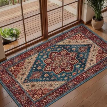 Imagem de Tangsoo Tapete vintage vermelho azul lavável para entrada, antiderrapante, pequeno, azul escuro laranja
