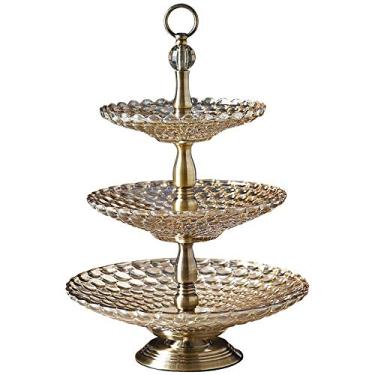 Imagem de Tigela de frutas e suporte de bolo bandeja de servir de 3 camadas com placa de vidro redonda suporte de aço inoxidável dourado para aniversário/festa/casamento/casa