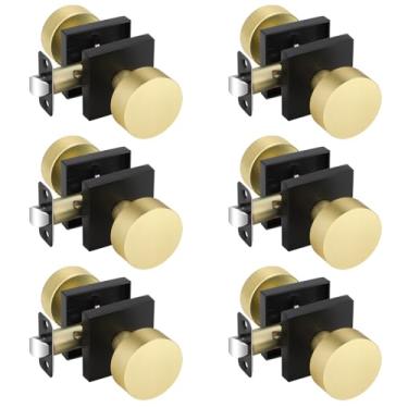 Imagem de EHOMEWARE Pacote com 6 maçanetas pretas douradas, maçaneta interna sem trava, maçanetas de porta de passagem sem chave para corredor/armário, maçaneta de porta de latão resistente, mão reversível para