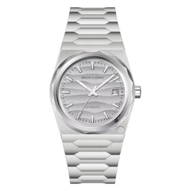 Imagem de Specht & Söhne Relógios masculinos automáticos clássicos de 37 mm com cristal de safira, movimento japonês Miyota 8215, relógio de pulso masculino mecânico à prova d'água de aço inoxidável, Cinza