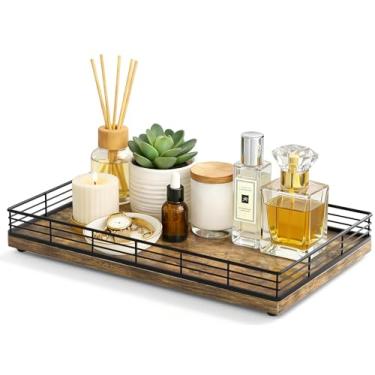 Imagem de Bandeja de banheiro grande – Bandeja de madeira decorativa de 33 cm x 20 cm para bancada de banheiro e organizador de penteadeira, bandeja de madeira para perfume, armazenamento de acessórios para a