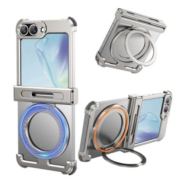 Imagem de NIFBANG Capa sem moldura para Samsung Galaxy Z Flip 6, com suporte magnético giratório de 360°, capas de telefone de alumínio metal fino dissipação de calor à prova de choque para capa Flip 6 (prata)