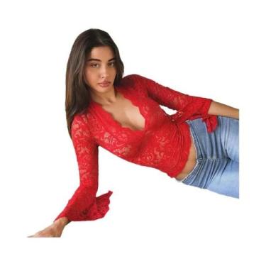 Imagem de Camiseta Bodycon De Renda Preta Transparente De Manga Longa Para Mulhe