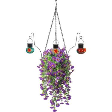 Imagem de Flores falsas para o exterior - Cesta de flores falsas realista com alimentador de pássaros - Plantas artificiais para quintal, pássaros, primavera, , porta da frente, deck de parede,