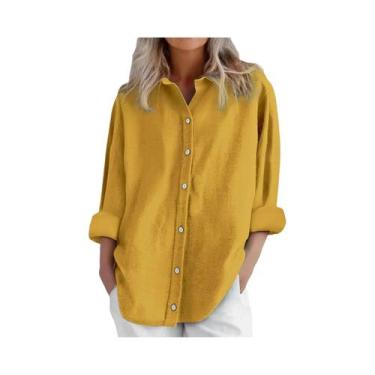 Imagem de Camisa Casual Feminina De Algodão E Linho Manga Longa Cor Sólida Com B