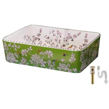 Imagem de Pia de vaso floral de cerâmica estilo chinês com ralo pop-up - pias retangulares vintage acima do balcão para tigela de banheiro - lavatório de lavatório de pássaros de flores verdes