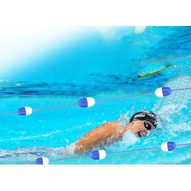 Imagem de Boias de pista de piscina branca azul - corda flutuante de segurança de 3 m a 18,3 m de comprimento para piscinas enterradas, ideal para competições comerciais e públicas, tamanho: 14 m/46 pés/55