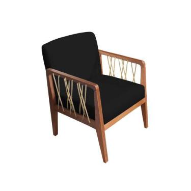 Imagem de Poltrona Barcelona Linho Preto Com Corda Náutica Champagne Base Fixa d