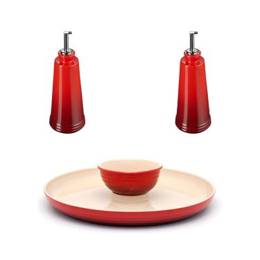 Imagem de KIT LE CREUSET PRATO PARA APERITIVO GALHETEIRO ÓLEO E VINAGRE 300ML SIGNATURE VERMELHO