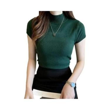 Imagem de Camiseta Feminina De Manga Curta Com Gola Alta Em Cor Sólida, Top De V