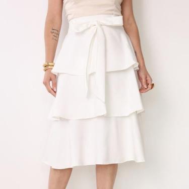 Imagem de Saia Feminina Três Maria Babado Midi Com Cinto Evangélica Cor:BrancoTa