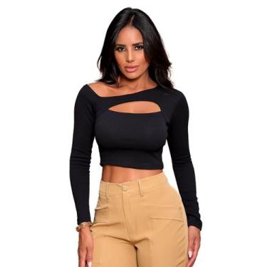 Imagem de Cropped Manga Longa Blusa Feminina Decote Vazado Blogueira - SWISS BOU
