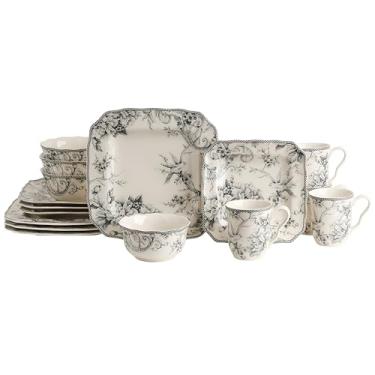 Imagem de 222 Fifth Adelaide Conjunto de louça floral quadrada de 16 peças – Serviço para 4, pratos e tigelas de porcelana cinza e branca, para jantar e entretenimento diário, seguro para micro-ondas e