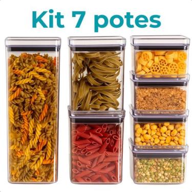 Imagem de Kit 7 Pote Hermético Quadrado Empilhável Porta Mantimento Arroz Feijão