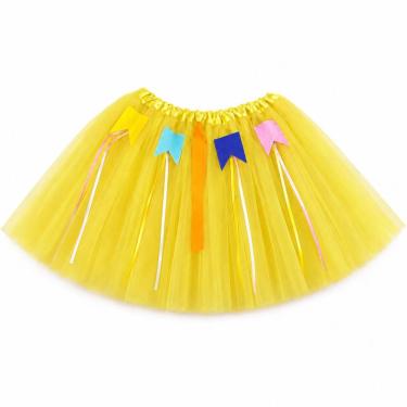 Imagem de Saia Junina Infantil de Tule com Bandeirinhas e Fitas 30CM Amarelo Extra Festas