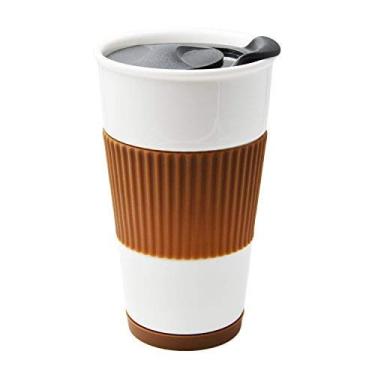 Imagem de UDMG Xícara de café de viagem isolada de parede dupla de cerâmica com tampa deslizante, manga de silicone e porta-copos embutido, 10 fl.oz (café)