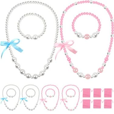 Imagem de 6 conjuntos de colar de contas e lembrancinhas de festa de princesa chá festa de conta joias fantasia colar pérolas conjunto de joias com bolsa de veludo rosa para enchimento de festa de aniversário cosplay dramatização