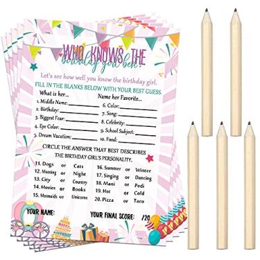 Imagem de Who Knows The Birthday Girl Best, conjunto de cartas com 50 peças de festa de aniversário com tema feminino, rosa granulado com 20 lápis de madeira pré-pontiagudos, para festa do pijama de meninas adolescentes
