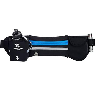 Imagem de Cinto de hidratação feminino masculino para corrida de trilha à prova d'água refletivo quadril pacote de cintura com fone de ouvido maratona para corrida com garrafa de água de 280 ml, azul, 44 x 13 cm