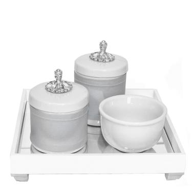 Imagem de Kit Higiene Espelho Potes, Molhadeira e Capa Provençal Prata Quarto Bebê Unissex