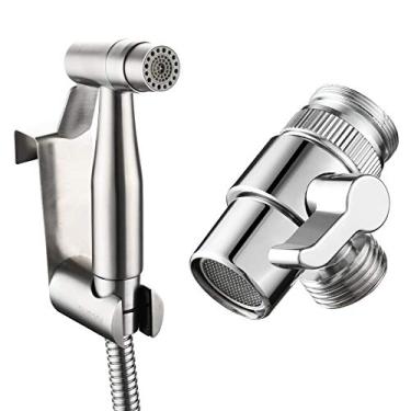 Imagem de Tecmolog Pulverizador de Bidê Portátil de 2 Funções Shattaf Pulverizador de Fraldas de Pano para Banheiro Kit de Pulverização de Bidê de Aço Inoxidável com Válvula T de Corte, Gancho do Tanque e Mangueira de Chuveiro 1,2 m, WS024AF4