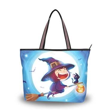 Imagem de Bolsa tote de Halloween voando bruxa em azul bolsa de ombro para mulheres e meninas, Multicolorido., Large
