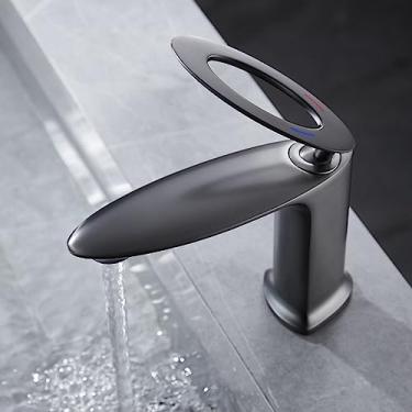 Imagem de Torneira de latão manípulo único Furo único Torneiras de pia para banho Torneira de banheiro quente e fria Torneiras montadas no convés, cinza, tamanho único