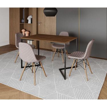 Imagem de Mesa Jantar Industrial com 4 Cadeiras Estofadas Nude Médio Madeira Tampo Amêndoa 120x75 Base V Aço P