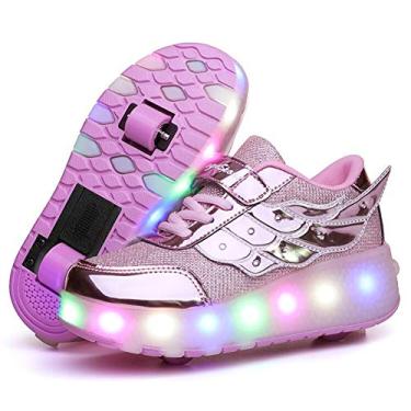 Imagem de Nsasy Tênis infantil com rodinhas para meninos e meninas com rodinhas e LED para e aniversário, 586 - rosa - duplo, 3 Little Kid
